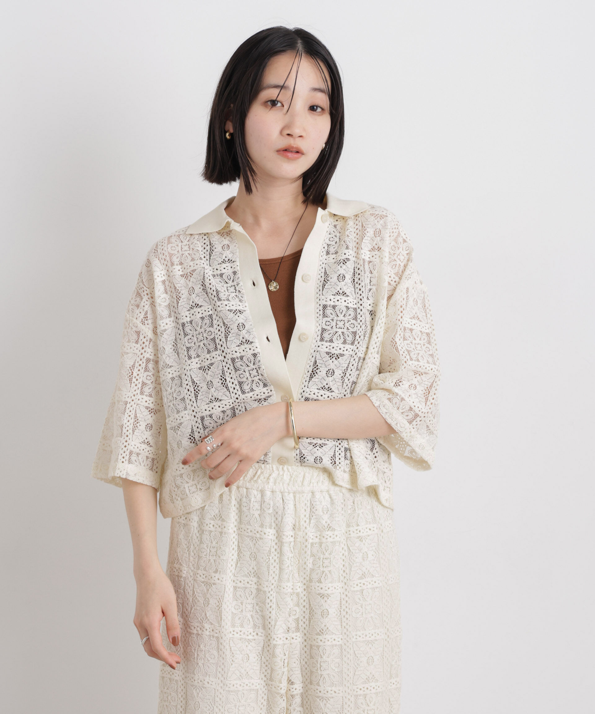 nano･universe「幾何柄レース半袖シャツ(セットアップ可)」|シャツ・ブラウス|