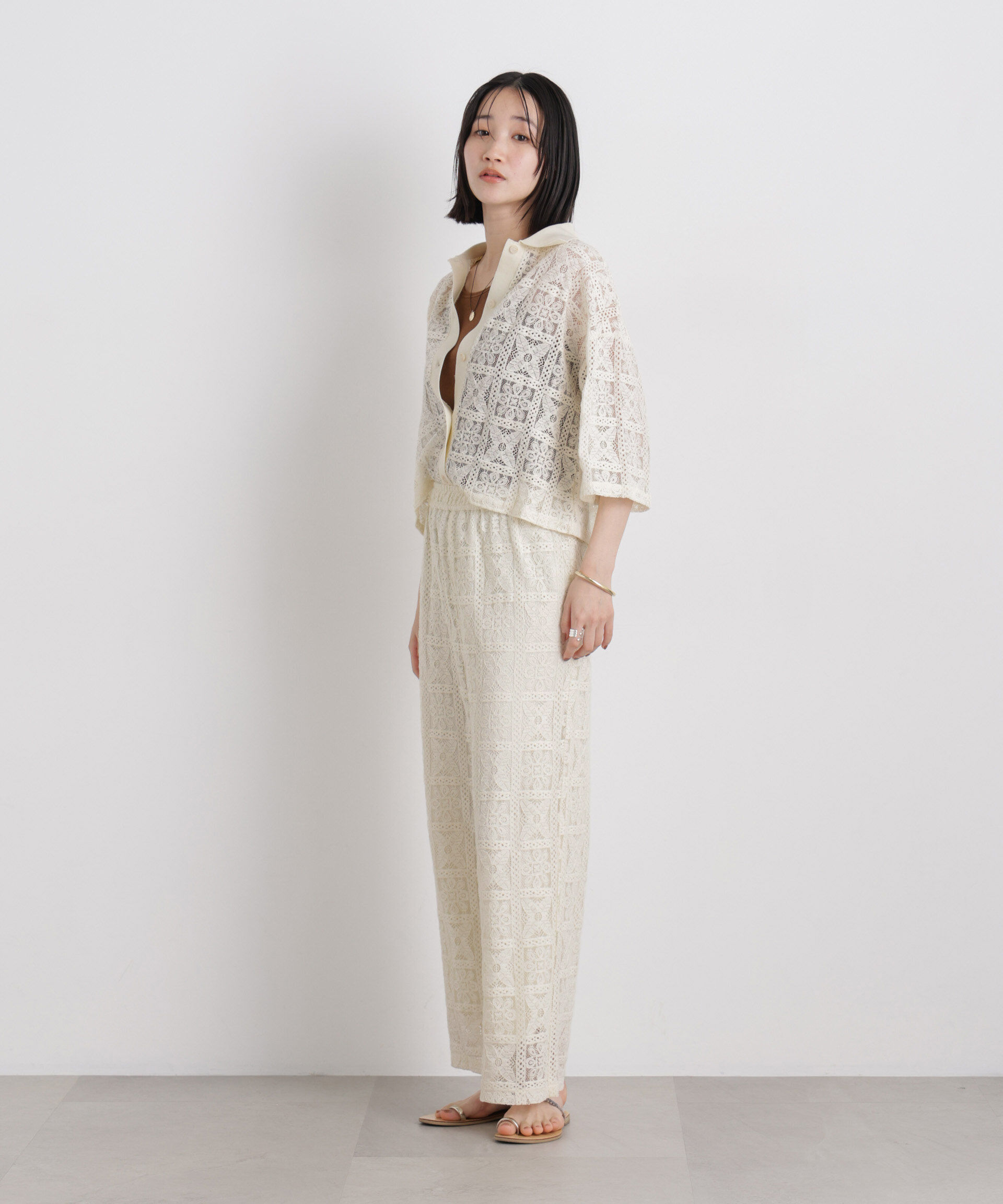 nano･universe「幾何柄レース半袖シャツ(セットアップ可)」|シャツ・ブラウス|