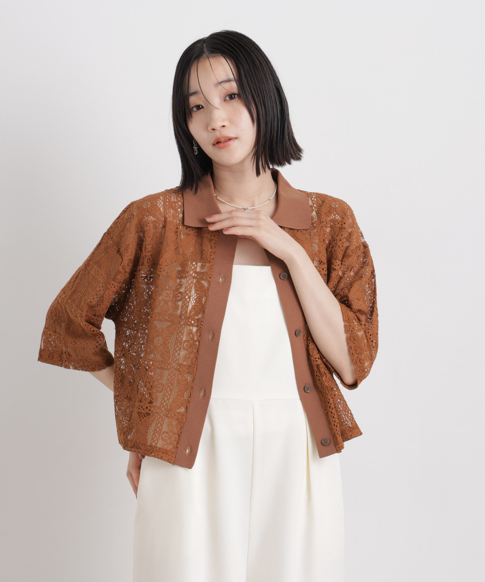 nano･universe「幾何柄レース半袖シャツ(セットアップ可)」|シャツ・ブラウス|