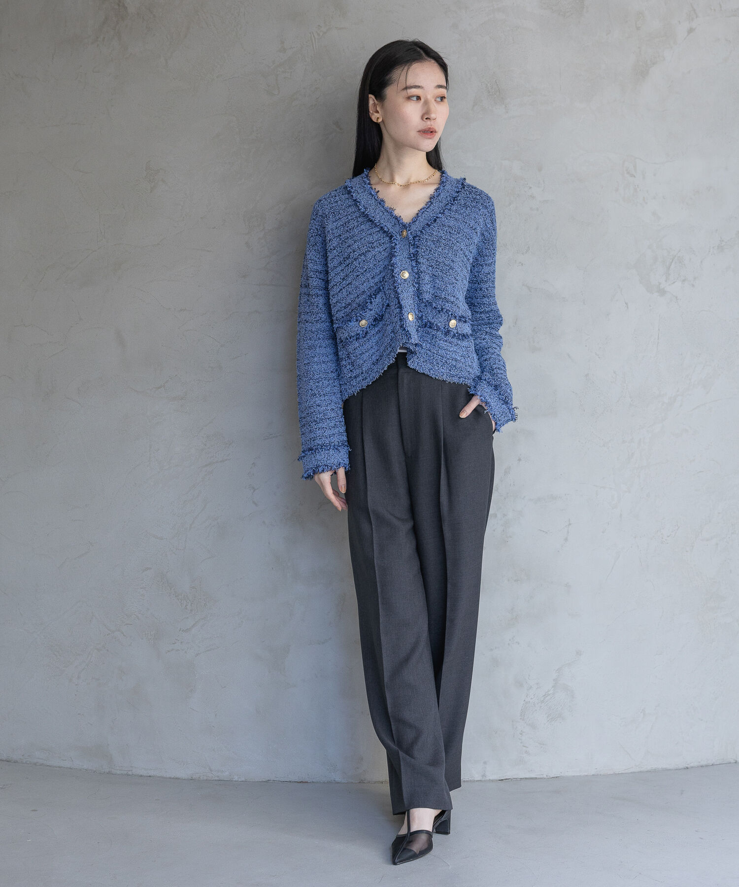 A part by 「フリンジツイードニットVネックカーディガン」|ニット・セーター|