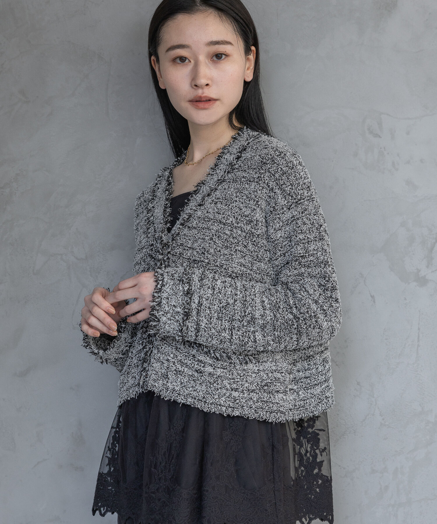 A part by 「フリンジツイードニットVネックカーディガン」|ニット・セーター|