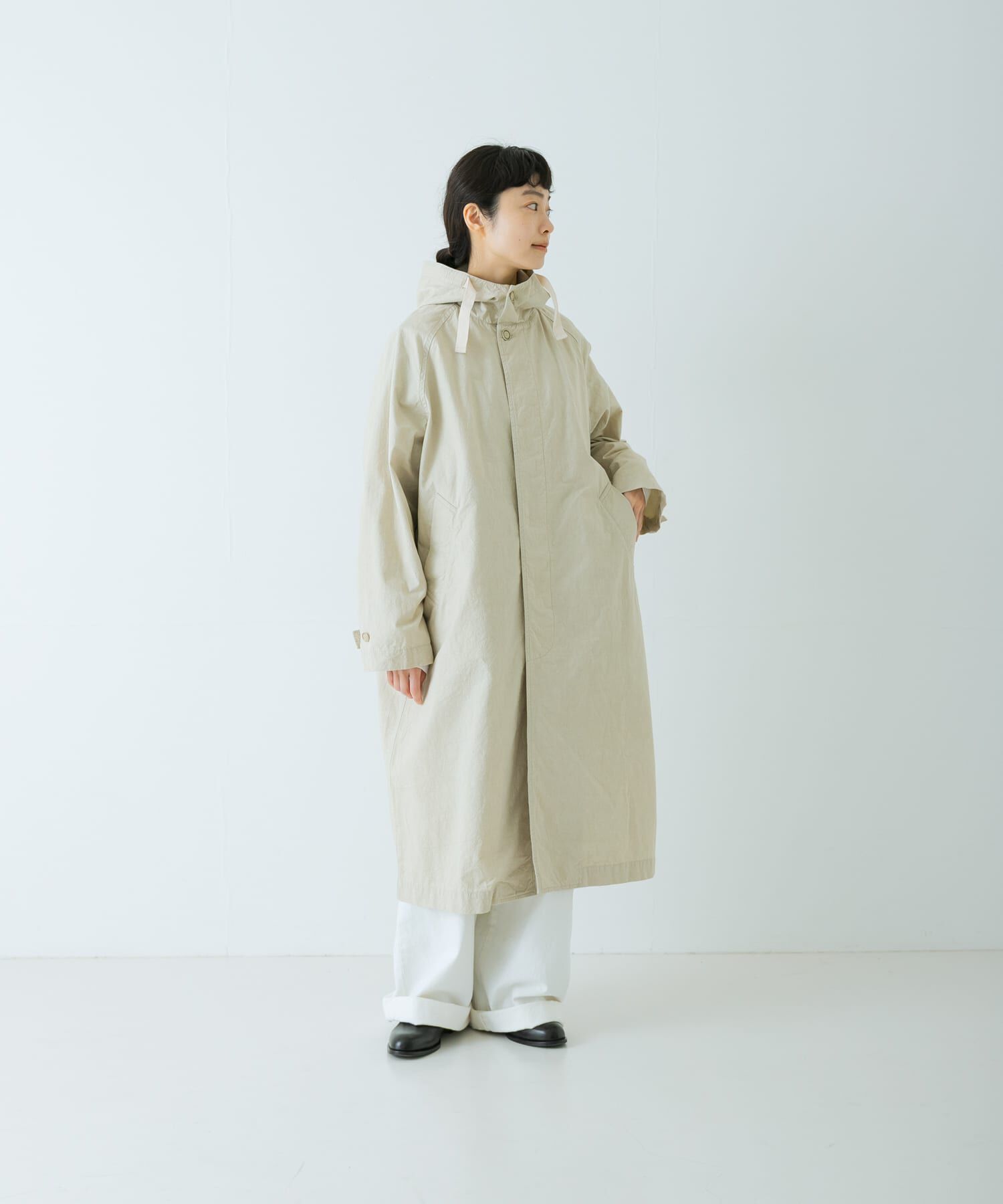かぐれ「コットンフードラグランコート」|ノーカラーコート|
