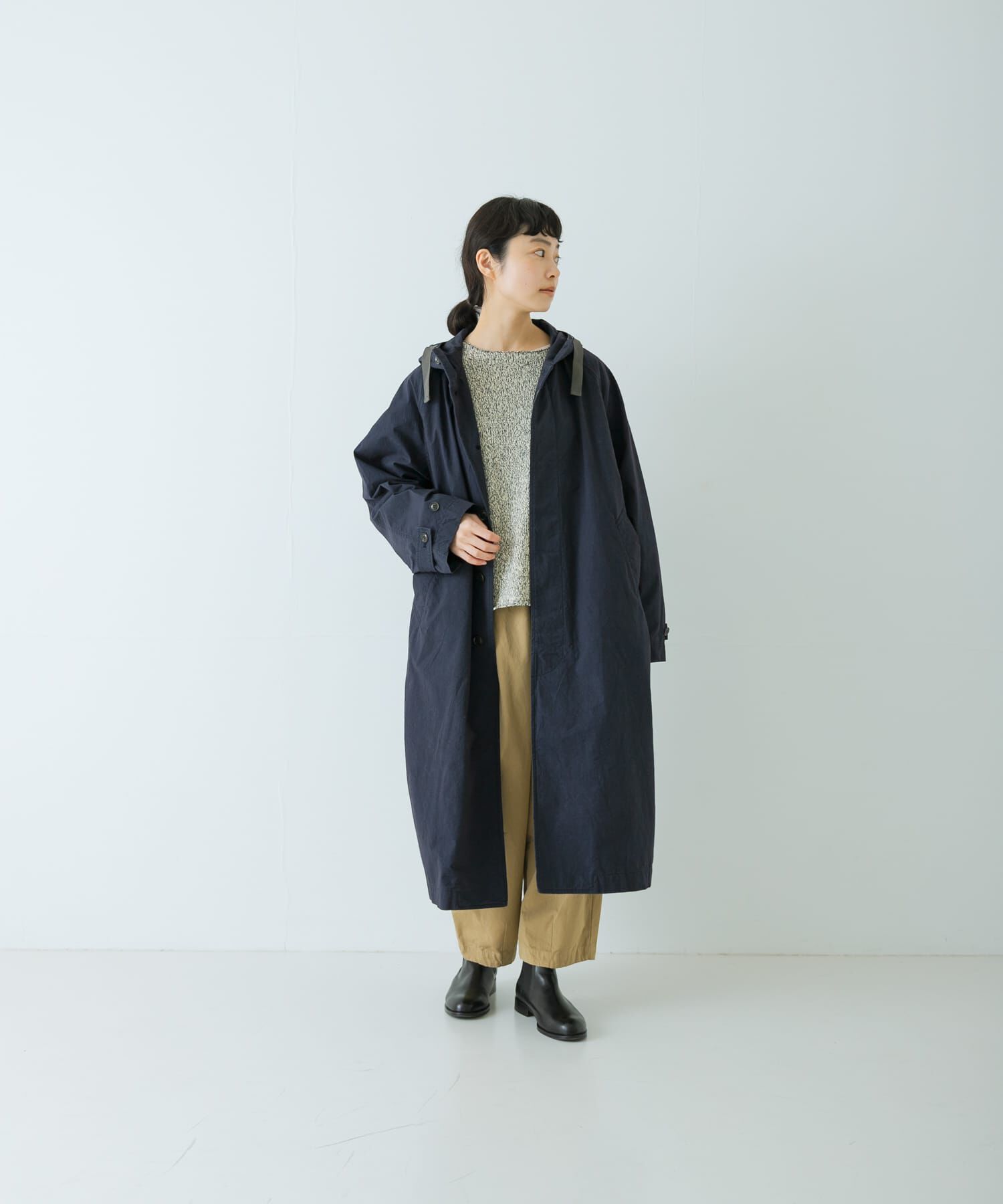 かぐれ「コットンフードラグランコート」|ノーカラーコート|