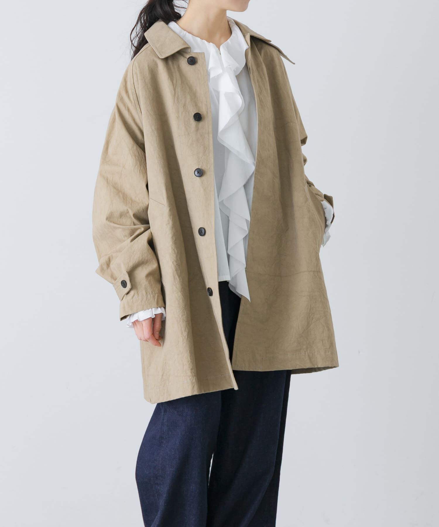 かぐれ「コットンバックタックショートコート」|ノーカラーコート|