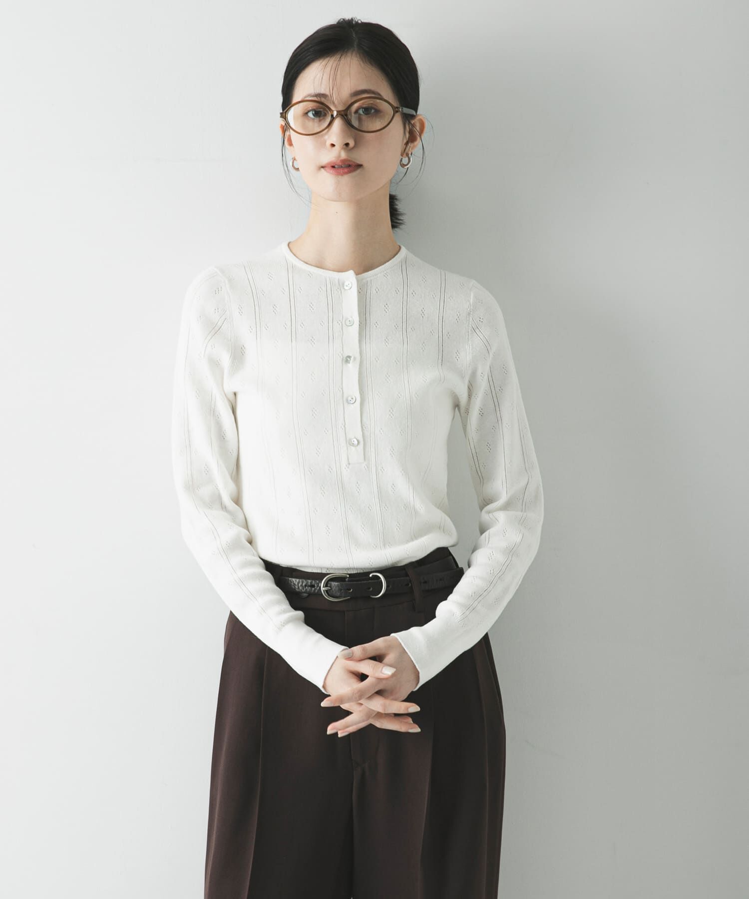 URBAN RESEARCH「パターンメッシュヘンリーネックニット」|ニット・セーター|オフホワイト