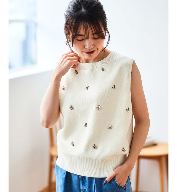 le.coeur blanc「片畦ビジューニットベスト」|ベスト・ジレ|