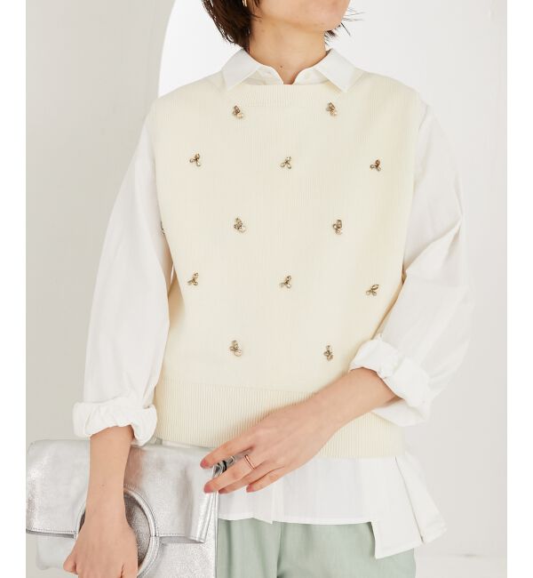 le.coeur blanc「片畦ビジューニットベスト」|ベスト・ジレ|