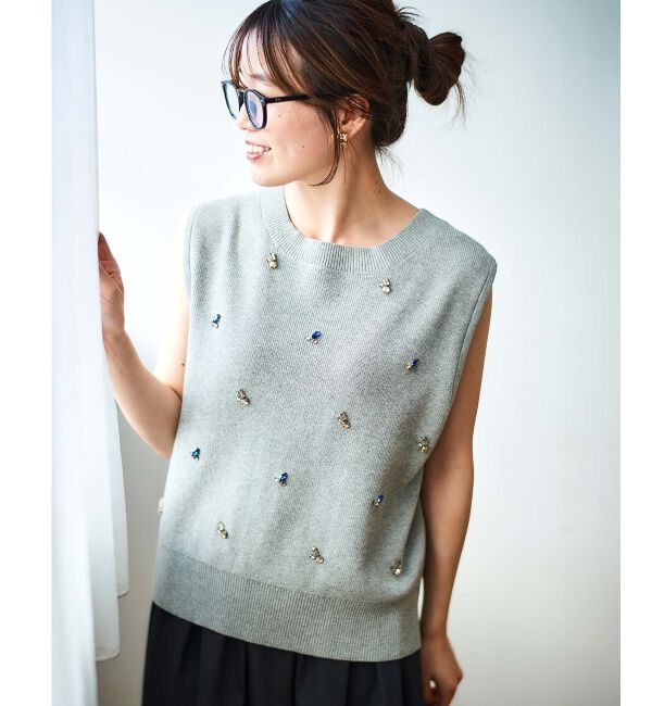 le.coeur blanc「片畦ビジューニットベスト」|ベスト・ジレ|グレー