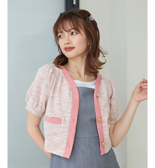 MAJESTICLEGON「カットツイードカーディガン」|カーディガン|ピンク柄
