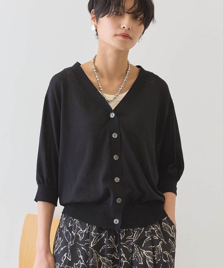 AMERICAN HOLIC「【抗菌防臭】5分袖シアーVネックニットカーディガン」|カーディガン|Black
