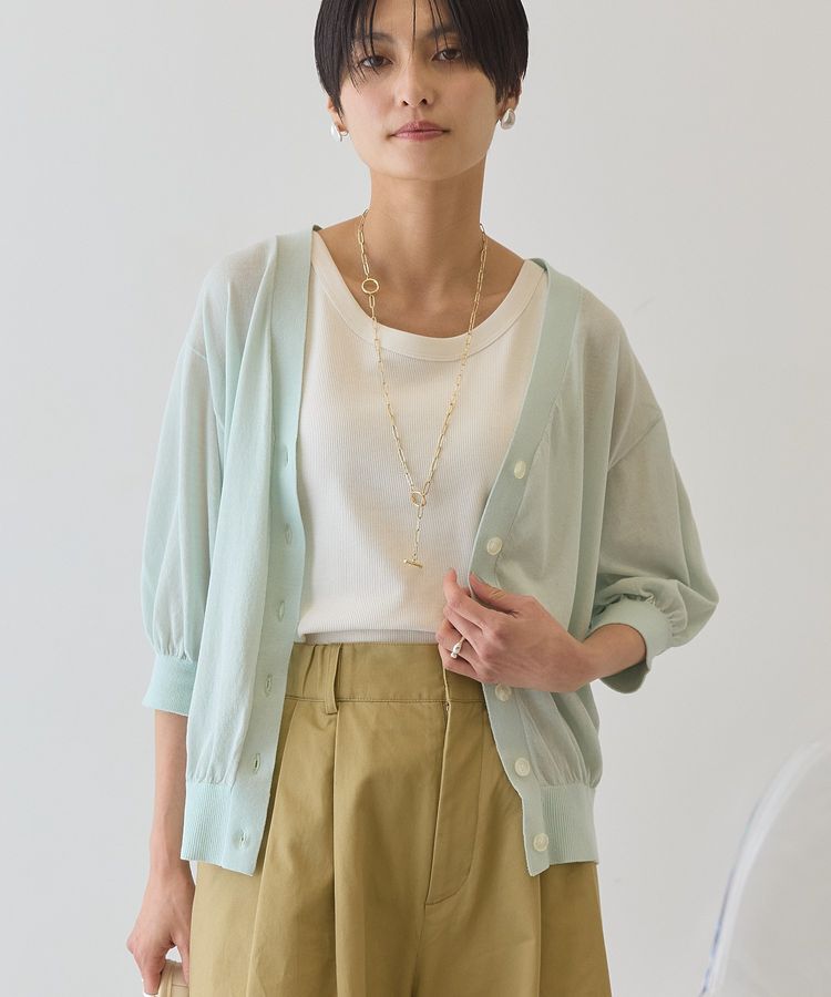 AMERICAN HOLIC「【抗菌防臭】5分袖シアーVネックニットカーディガン」|カーディガン|Sax