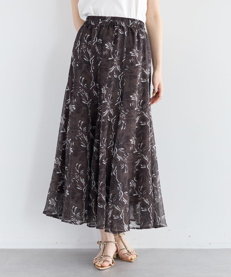 YECCA VECCA「ボタニカル柄シアーロングスカート」|フレア|Charcoal Gray