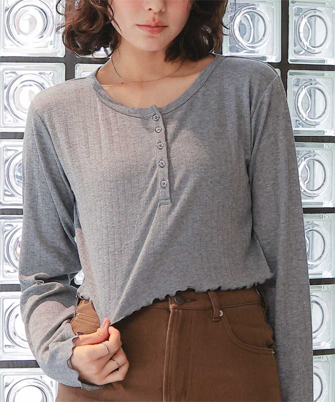 titivate「コンパクトヘンリーネックロングスリーブトップス」|Tシャツ・カットソー|グレー