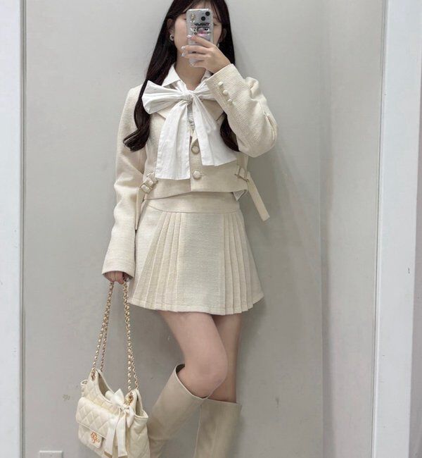  「サイドベルトツイードショートジャケット」|ダウンベスト・ベスト|