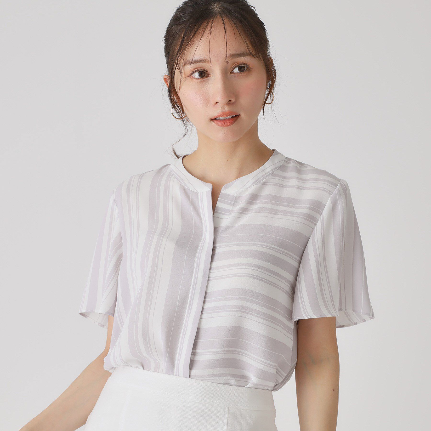 COUP DE CHANCE「【洗える／日本製】ストライプ&times;ボーダーブラウス」|シャツ・ブラウス|ライトグレー(311