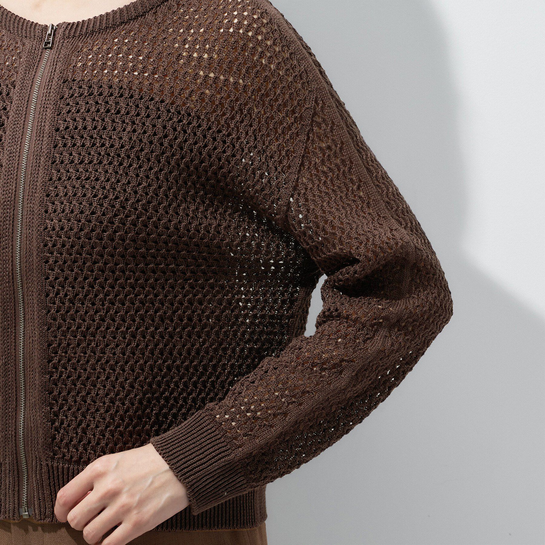 INDIVI「【洗える／コットン】メッシュジップニットカーディガン」|カーディガン|