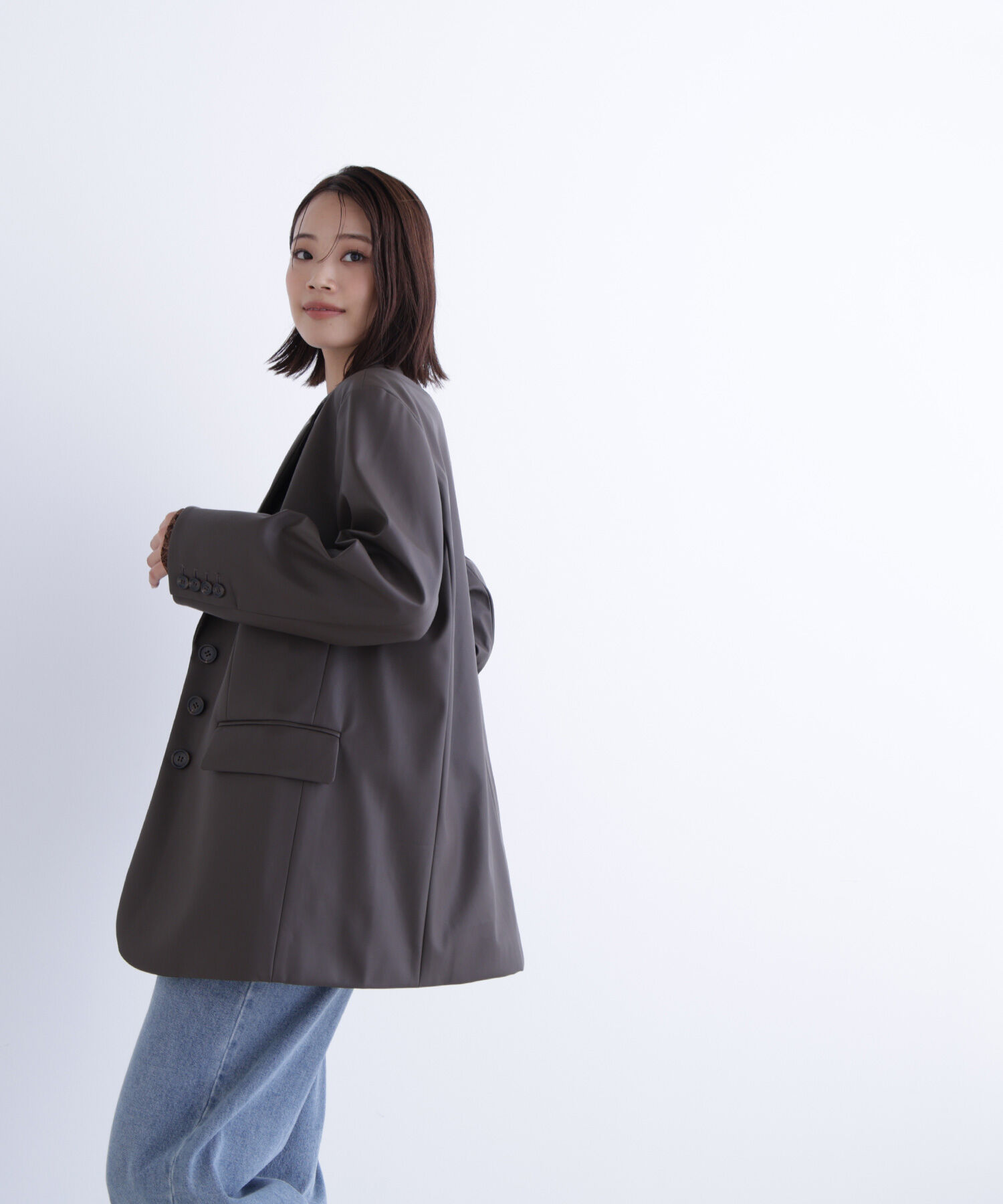  「フェイクレザーシングルテーラードジャケット」|ブルゾン・スタジャン|