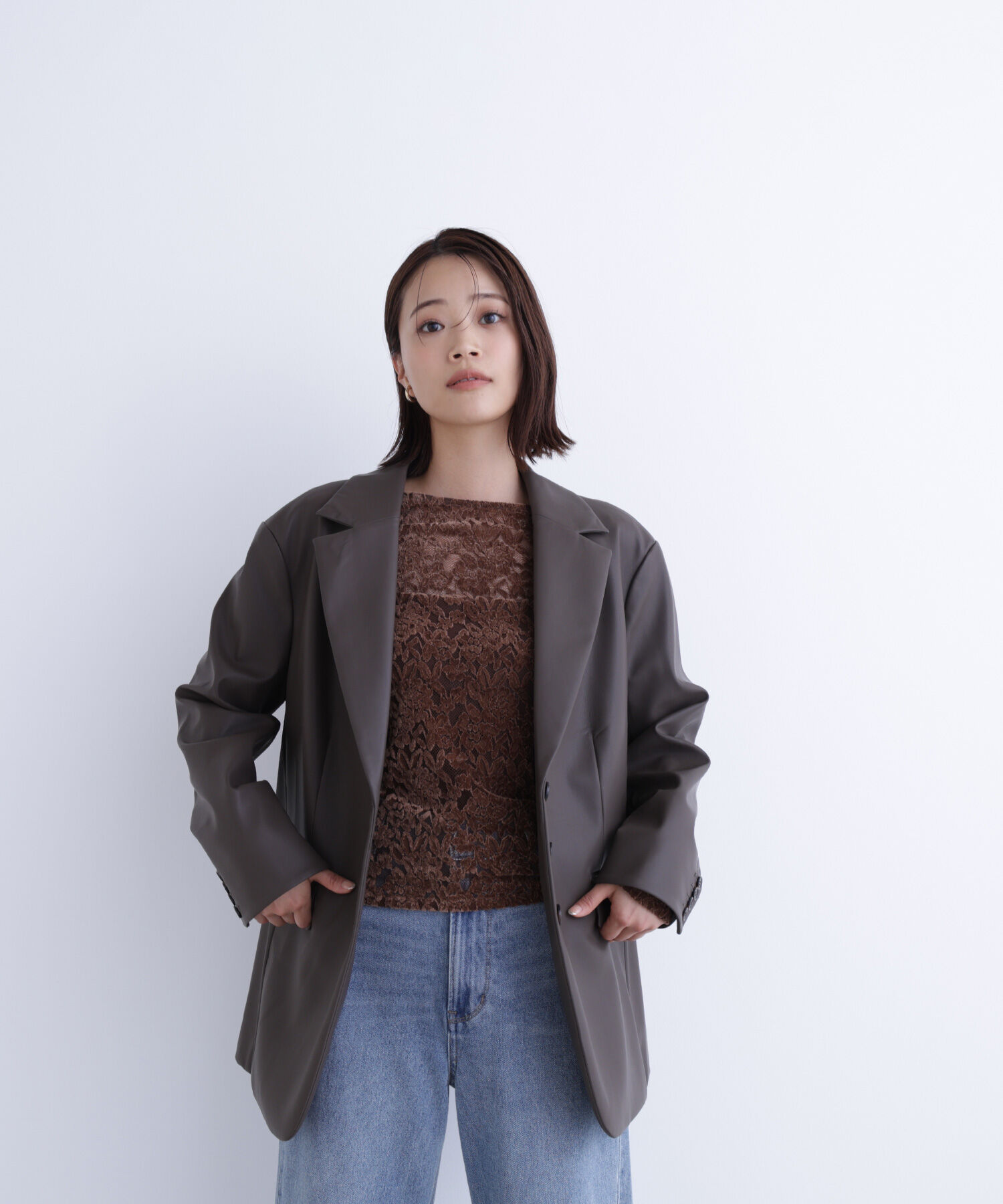  「フェイクレザーシングルテーラードジャケット」|ブルゾン・スタジャン|