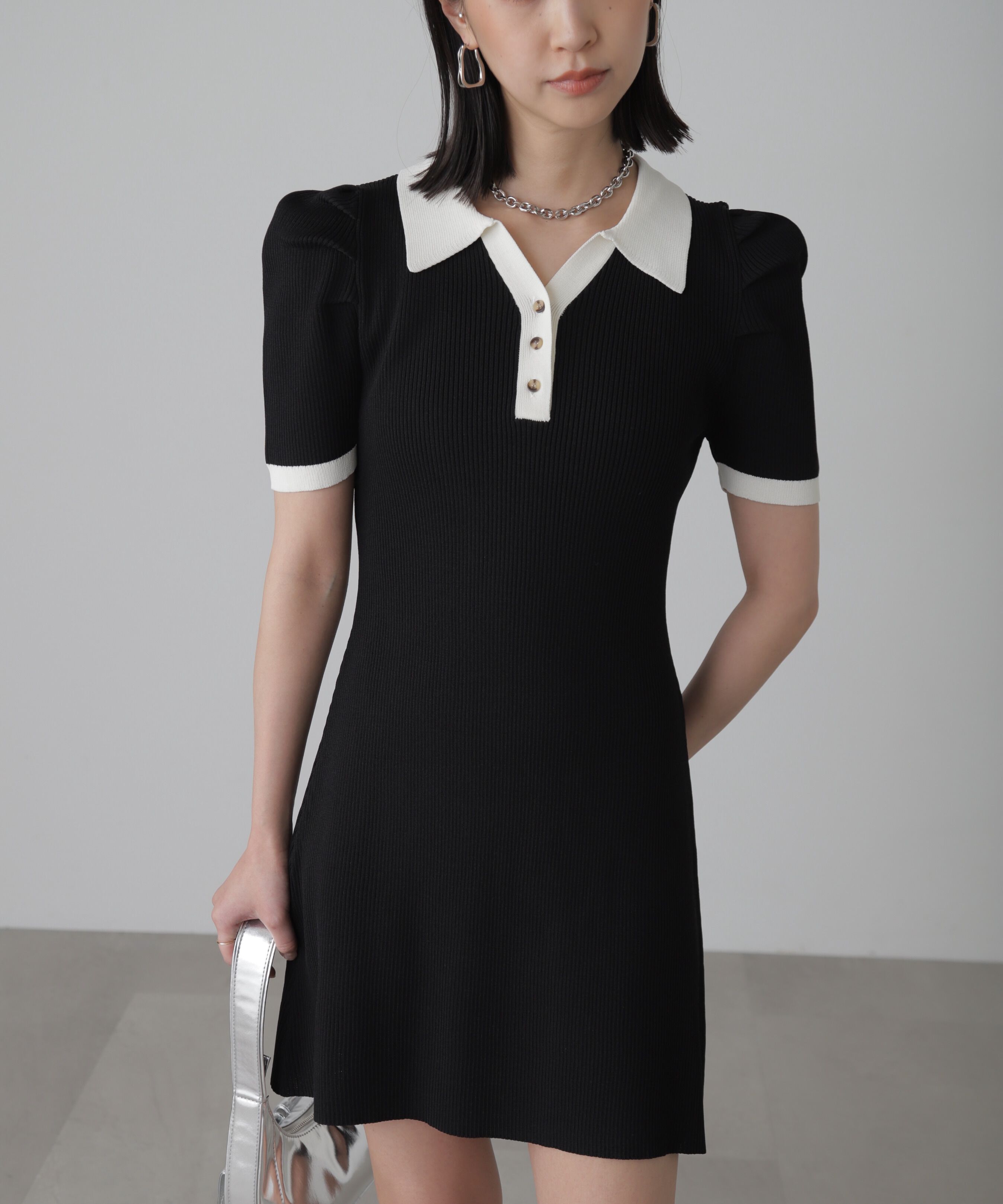  「配色半袖ポロワンピース」|ワンピース|ブラック