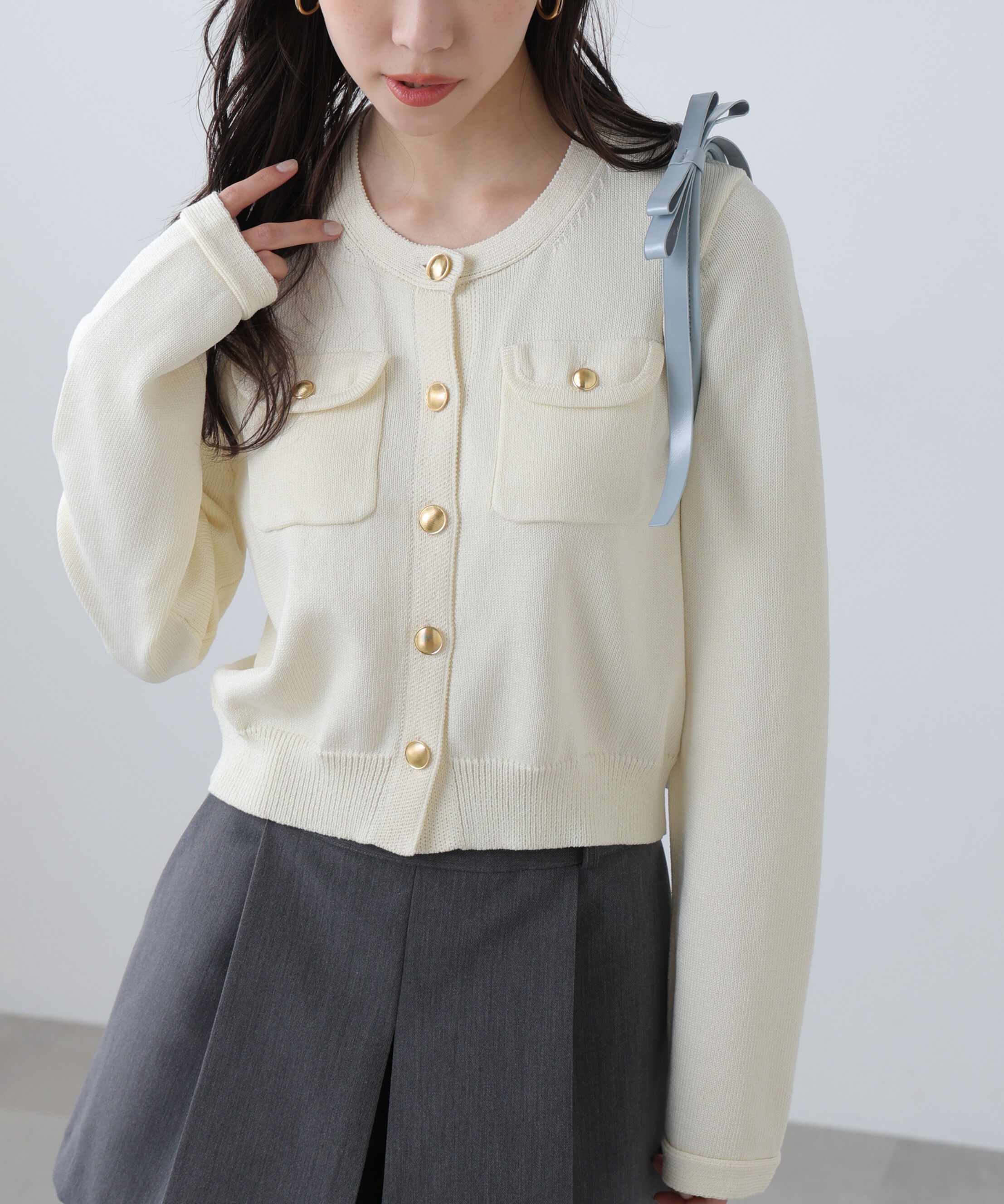  「フロントポケット金ボタンニットカーディガン」|ニット・セーター|オフ