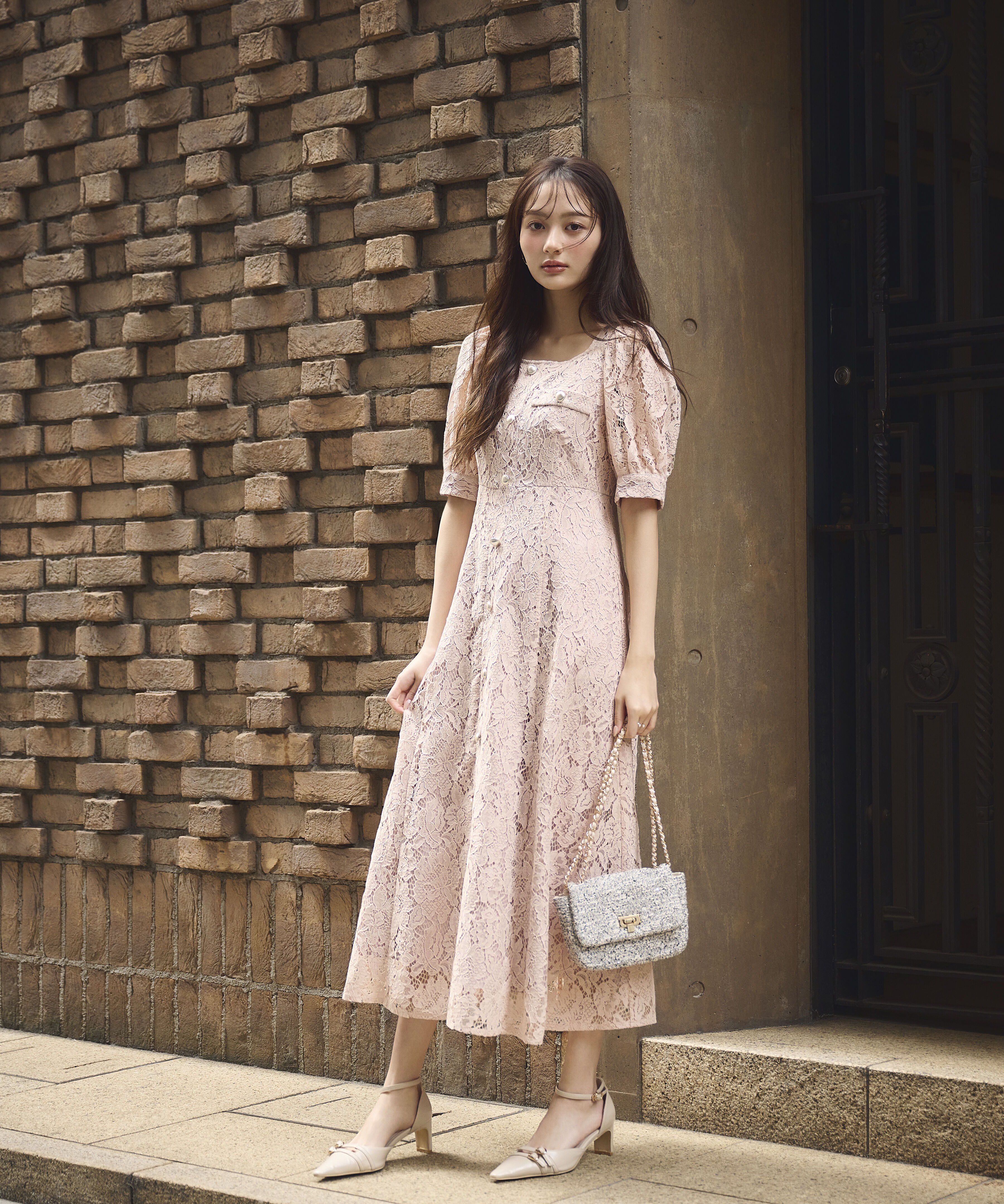 PROPORTION BODY DRESSING「フロントボタンレースワンピース 26SS」|ワンピース|ピンク