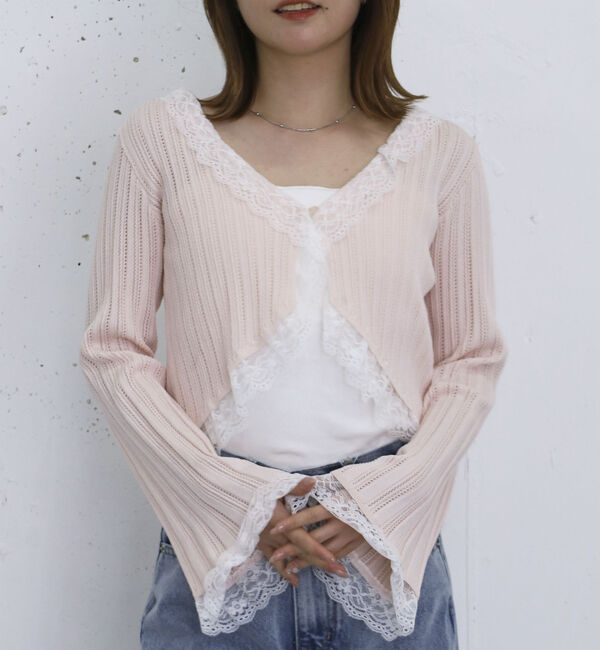 archives「レーストリム透かしニットカーディガン」|カーディガン|PINK