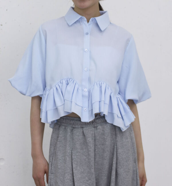 archives「ラウンドフリルバルーンスリーブシャツ」|シャツ・ブラウス|WHITE/BLUE