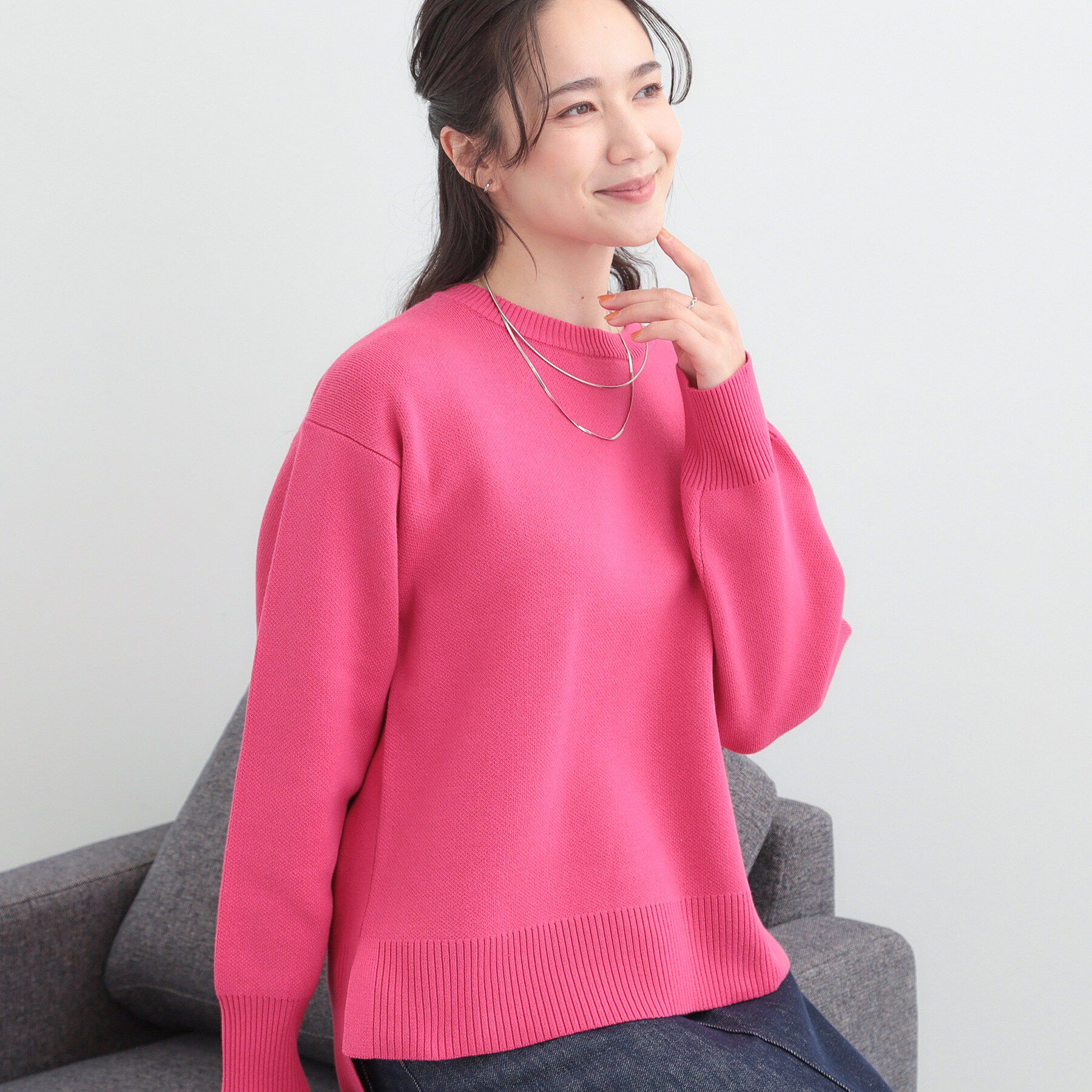 SHOO･LA･RUE「【S-LL/洗濯機可/体型カバー】大人世代も取り入れやすい スウェットライクニット」|ニット・セーター|ピンク(072)