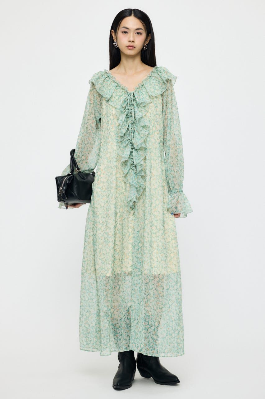 MOUSSY「RUFFLE CHIFFON MAXI ドレス」|ワンピース|柄GRN5