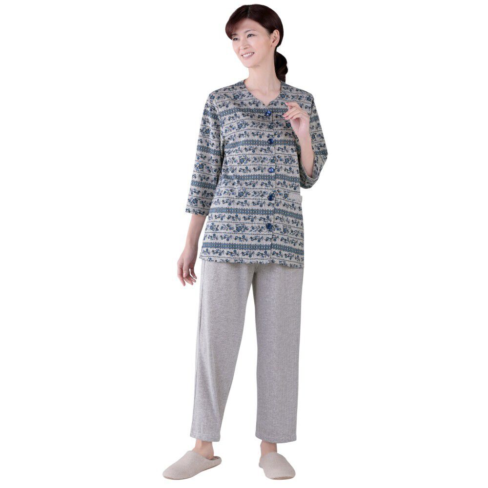 BACKYARD FAMILY「セルヴァン パジャマ 低身長 通販 ルームウェア 上下セット 部屋着 レディース 前開き 襟なし」|ルームウェア|グレー1