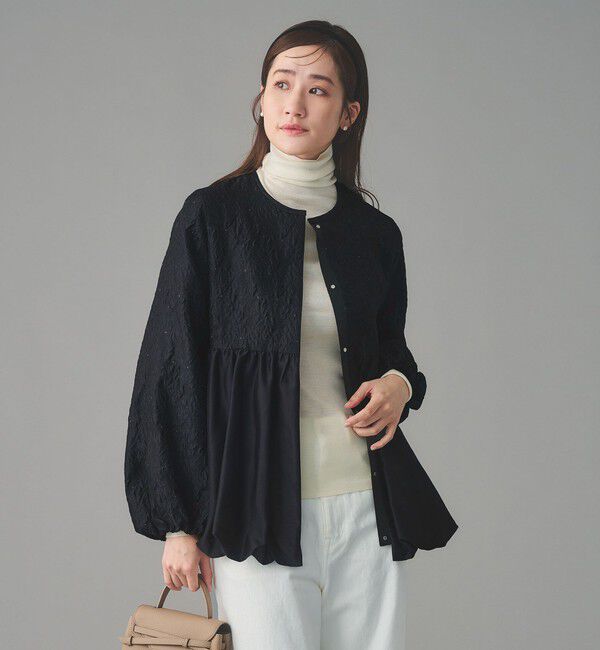 UNITED ARROWS「GISHA 2トーン ジャガード ジャケット」|ノーカラージャケット|NAVY