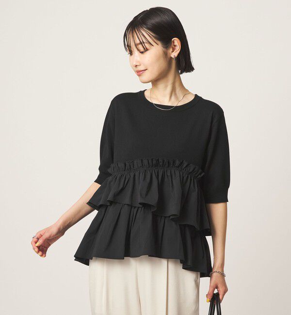 UNITED ARROWS green label relaxing「ティアード ドッキング 5分袖 プルオーバー ニット」|ニット・セーター|BLACK