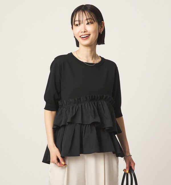 UNITED ARROWS green label relaxing「ティアード ドッキング 5分袖 プルオーバー ニット」|ニット・セーター|