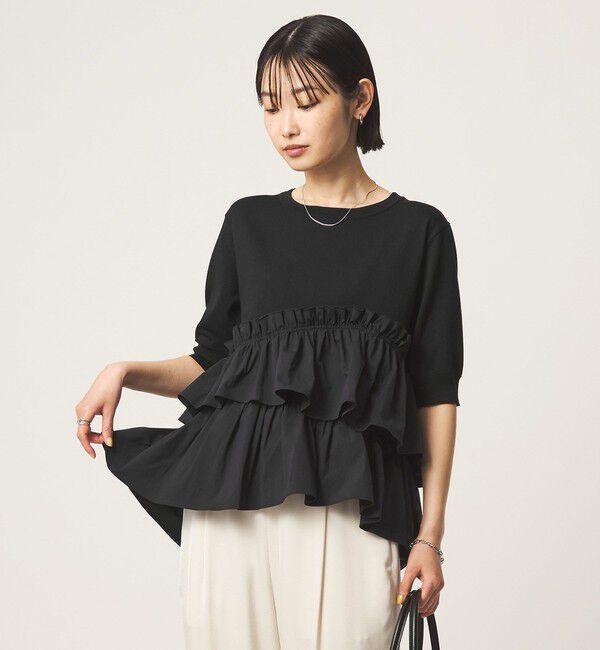 UNITED ARROWS green label relaxing「ティアード ドッキング 5分袖 プルオーバー ニット」|ニット・セーター|