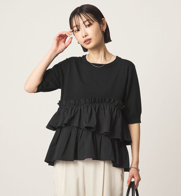 UNITED ARROWS green label relaxing「ティアード ドッキング 5分袖 プルオーバー ニット」|ニット・セーター|