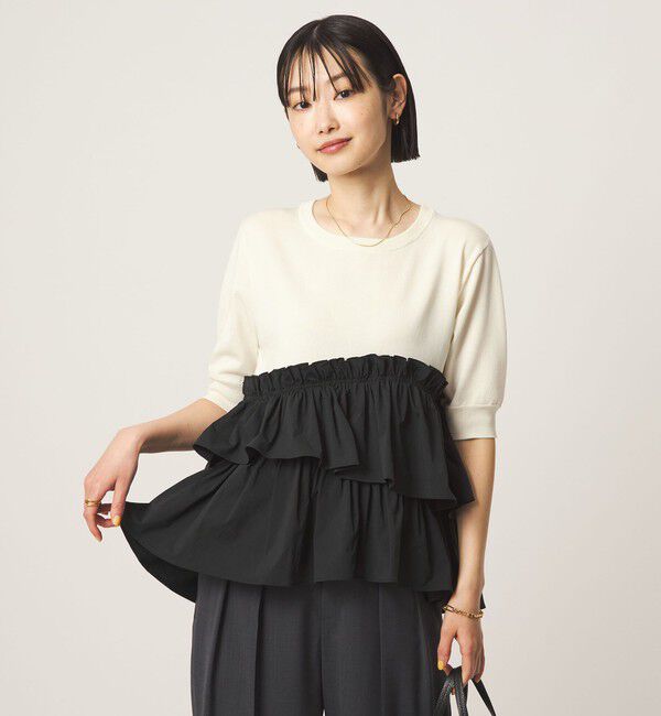 UNITED ARROWS green label relaxing「ティアード ドッキング 5分袖 プルオーバー ニット」|ニット・セーター|