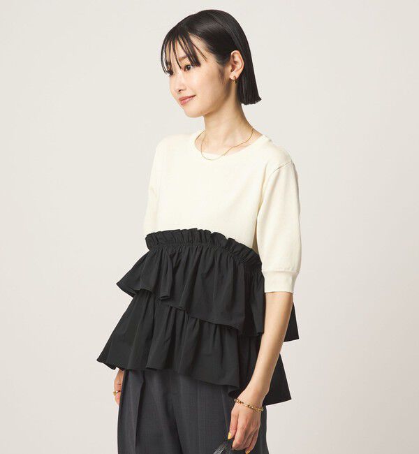 UNITED ARROWS green label relaxing「ティアード ドッキング 5分袖 プルオーバー ニット」|ニット・セーター|