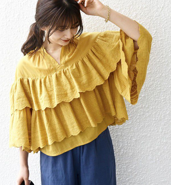 SHIPS any「bon_meur:〈洗濯機可能〉レース ティアード ボリューム ブラウス」|シャツ・ブラウス|マスタード