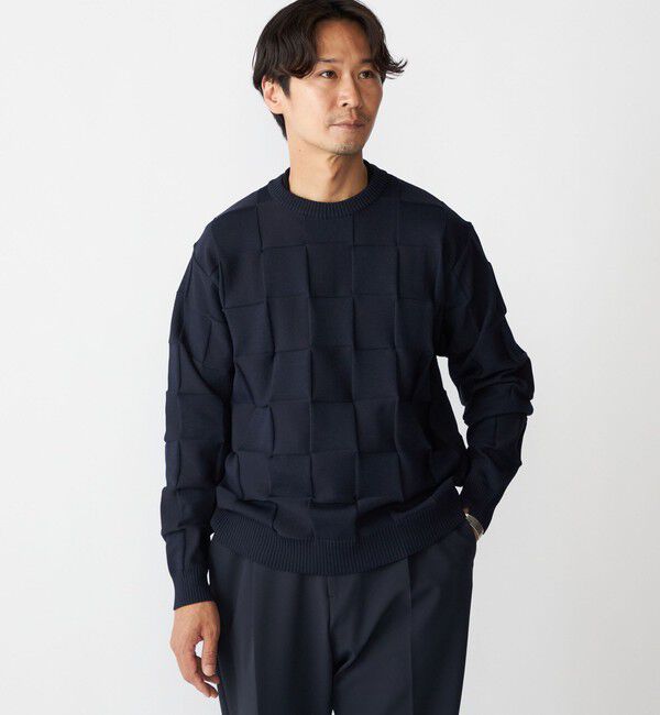 SHIPS「SHIPS:〈手洗い可能〉Amossa(R) シャンティ ブロック リンクス編み 長袖 ニット」|ニット・セーター|ネイビー