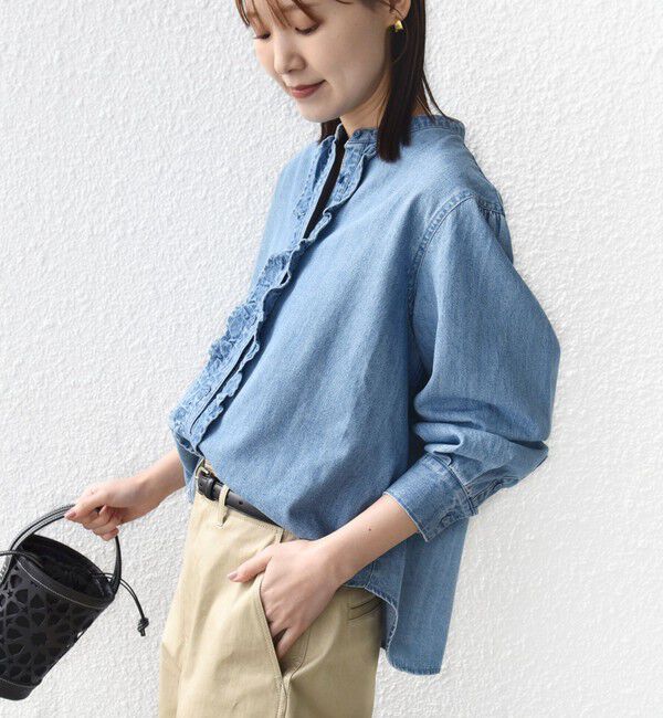 SHIPS for women「〈洗濯機可能〉ライトオンス フリル デニム シャツ」|シャツ・ブラウス|