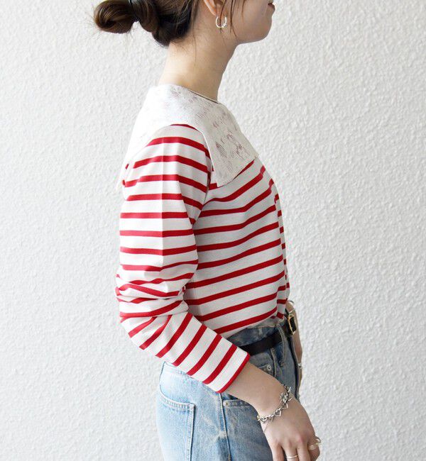 SHIPS any「SHIPS any:〈洗濯機可能〉マリンボーダー レース 襟 プルオーバー」|Tシャツ・カットソー|