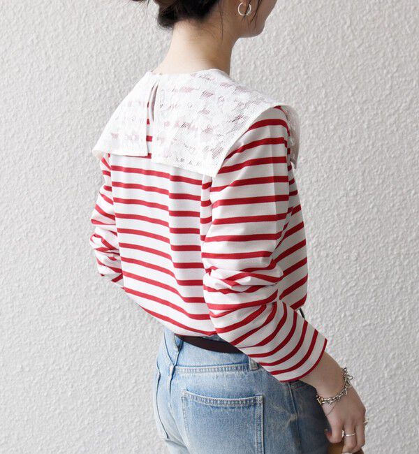 SHIPS any「SHIPS any:〈洗濯機可能〉マリンボーダー レース 襟 プルオーバー」|Tシャツ・カットソー|