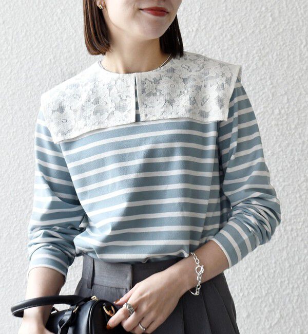 SHIPS any「SHIPS any:〈洗濯機可能〉マリンボーダー レース 襟 プルオーバー」|Tシャツ・カットソー|ライトブルー