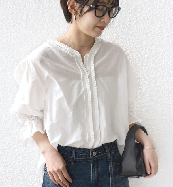 SHIPS for women「〈手洗い可能〉綿 シルク Vネック フリル タック ブラウス」|シャツ・ブラウス|