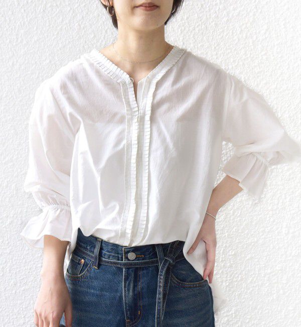 SHIPS for women「〈手洗い可能〉綿 シルク Vネック フリル タック ブラウス」|シャツ・ブラウス|