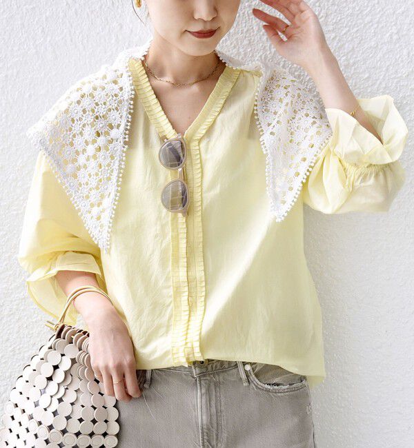 SHIPS for women「〈手洗い可能〉綿 シルク Vネック フリル タック ブラウス」|シャツ・ブラウス|