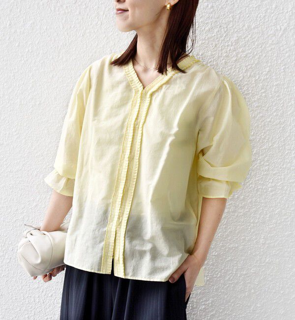 SHIPS for women「〈手洗い可能〉綿 シルク Vネック フリル タック ブラウス」|シャツ・ブラウス|