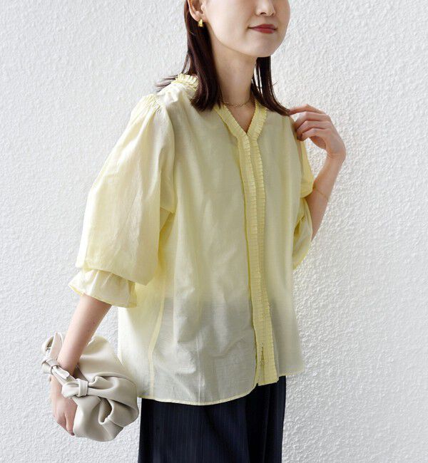 SHIPS for women「〈手洗い可能〉綿 シルク Vネック フリル タック ブラウス」|シャツ・ブラウス|