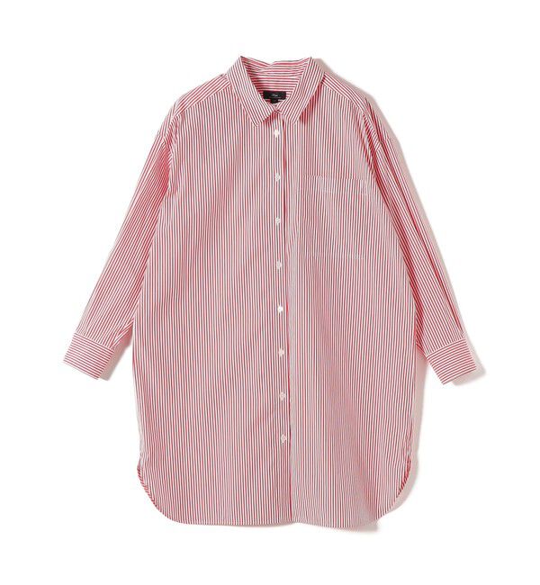 SHIPS for women「SHIPS Primary Navy Label:綿 ナイロン ストライプ ロング シャツ」|シャツ・ブラウス|レッド
