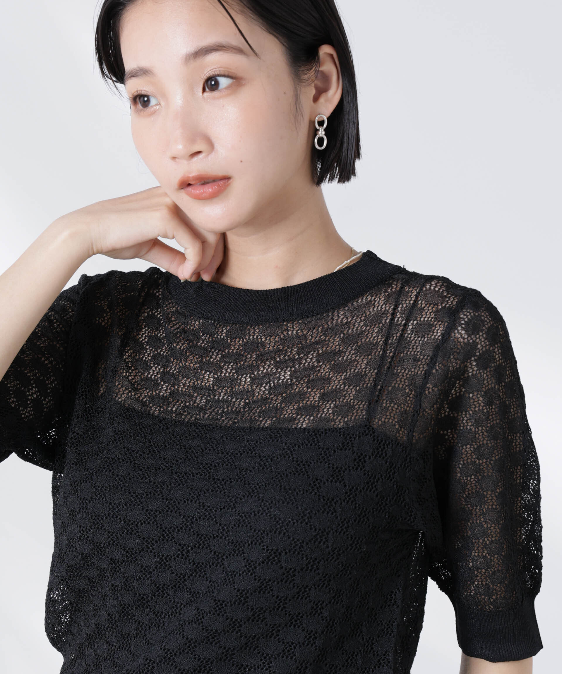 nano･universe「レース柄クルーネック半袖ニット」|ニット・セーター|ブラック